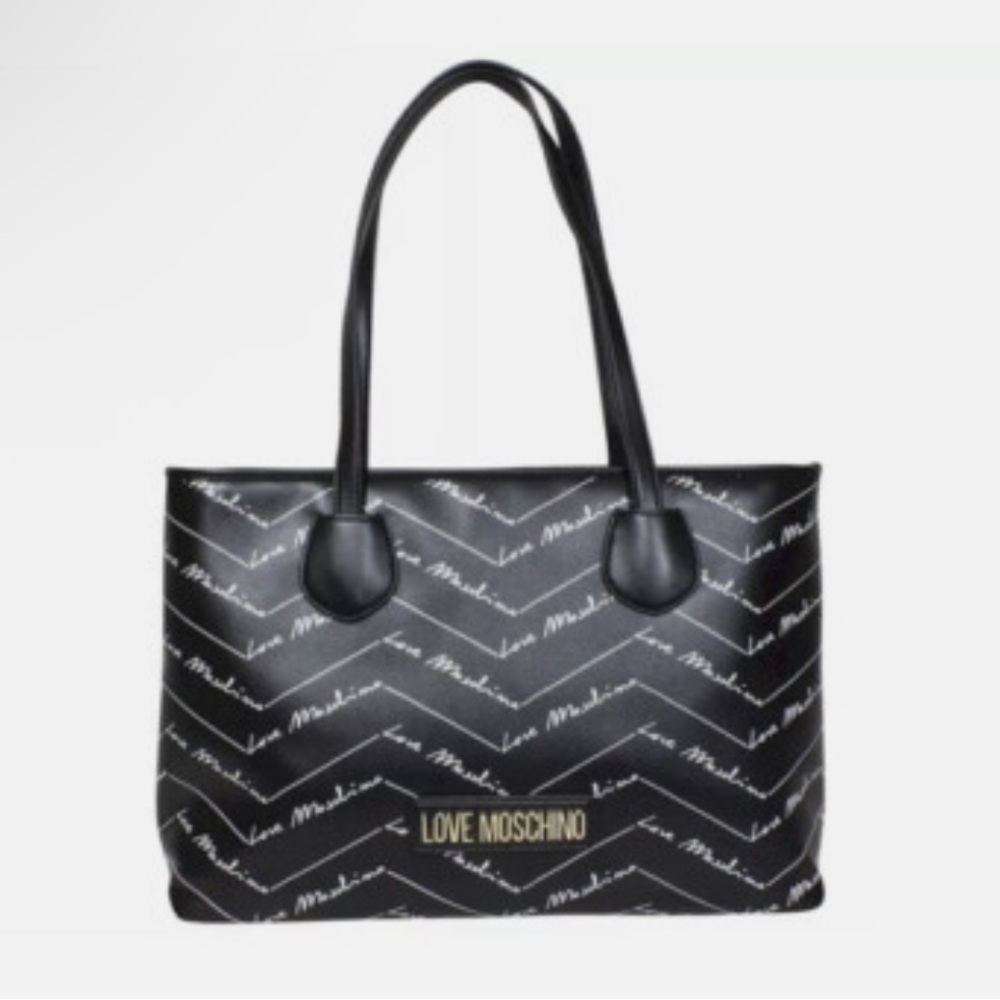 LOVE MOSCHINO Logo Romantic Shopper Shoulder Bag Black Logo w Gold Hardware EUC - Picture 8 of 17